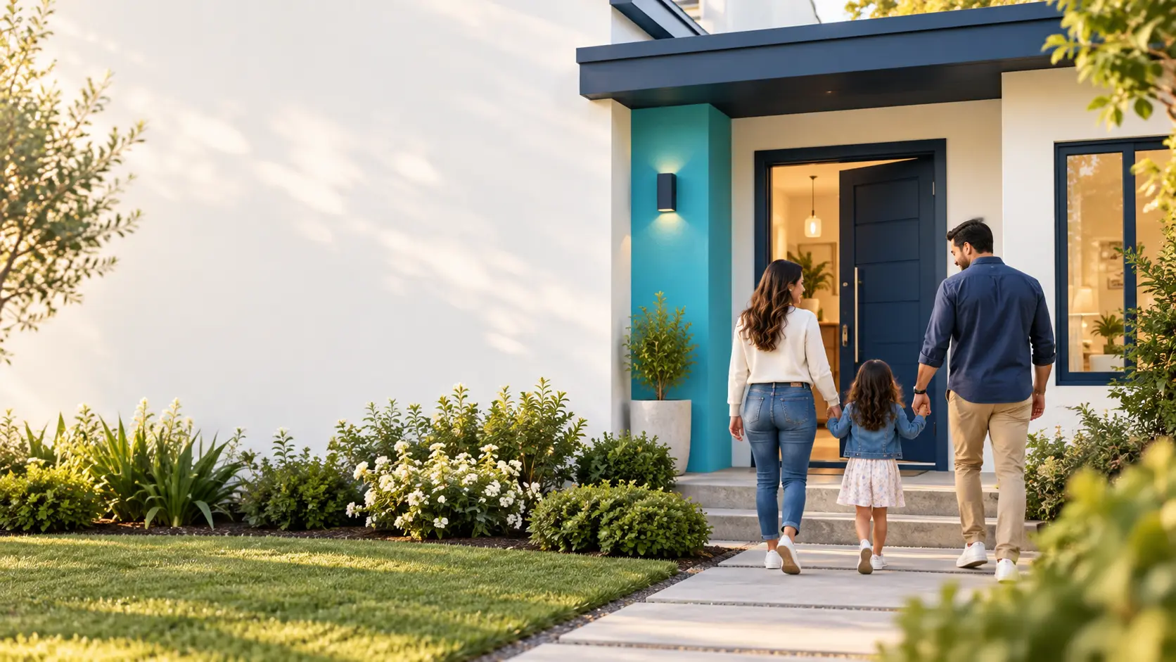Familia llegando a una casa recién renovada